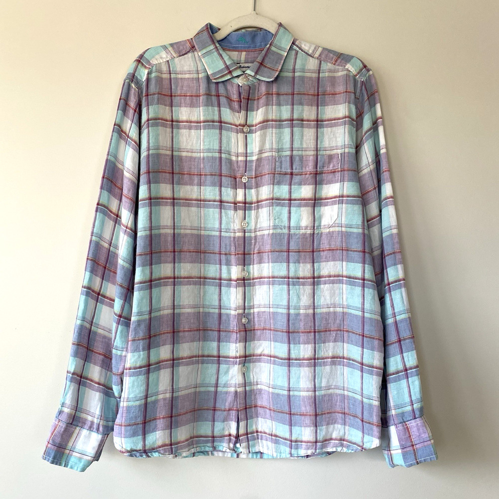 TOMMY BAHAMA Men's Plaid LINEN Button Up Long Sleeve Shirt - L Preppy Coastal